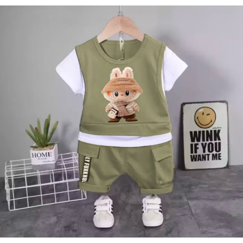 SETELAN KAOS ANAK LAKI-LAKI MODEL ROMPI LABUBU PAKAIAN ANAK LAKI -LAKI YANG LAGI VIRAL SEKARANG