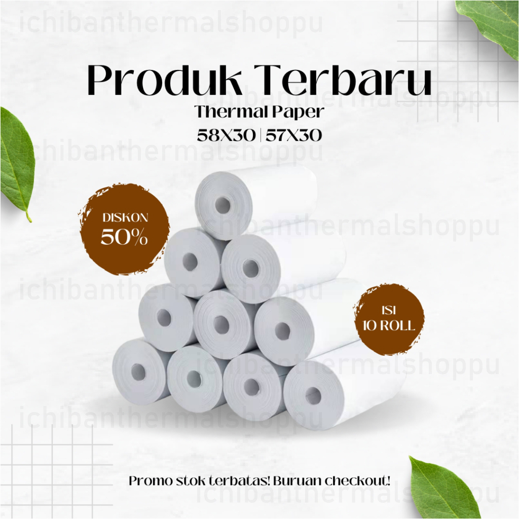 

10 ROLL KERTAS THERMAL 58MM 57x30 TERMAL PAPER EDC PRINTER BLUETOOTH 58MM 58x30 STRUK MINI CORELESS