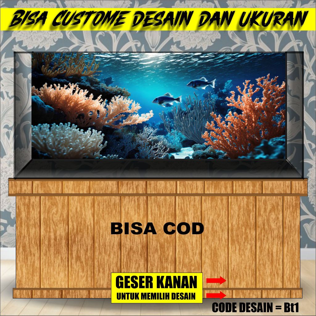 stiker background aquarium 3d timbul custome jumbo kaca akrilik besar full set under water bt