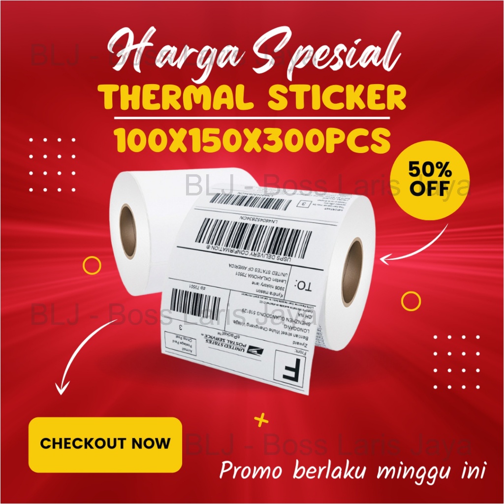 

KERTAS LABEL THERMAL STIKER RESI STICKER LABEL BARCODE ROLL UKURAN A6 100X150 MM ISI 300PCS 100X150MM ISI 300 PCS