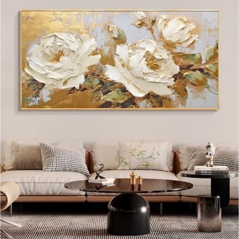 lukisan bunga mawar gold Lukisan asli tangan Hiasan Dinding Dekorasi Dinding