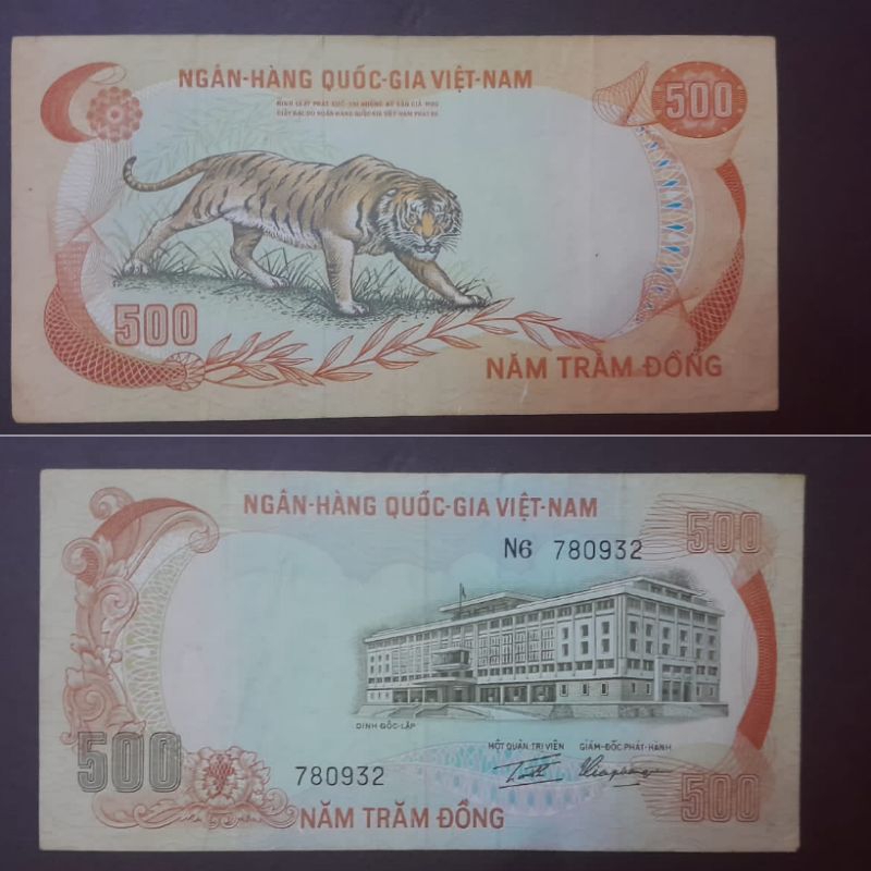 Uang Negara Vietnam 500 Dong Tahun 1972 Macan Kondisi XF Original 100%