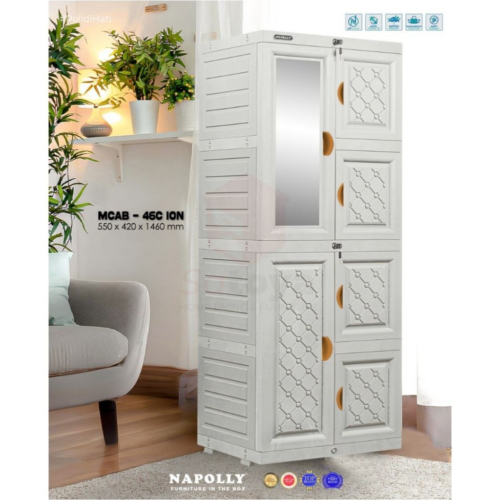Lemari plastik Napolly putih aesthetic diskon di lengkapi cermin dan kunci minimalis modern | COD
