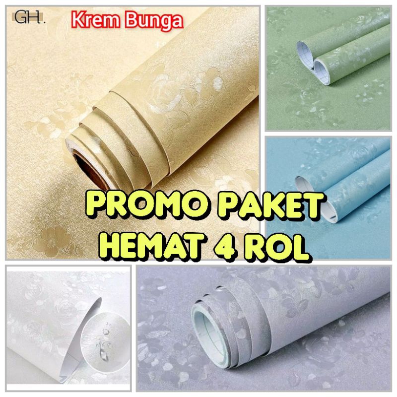 PROMO PAKET HEMAT 4 ROL Wallpaper Sticker Dinding Rumah Pink Polos Bunga Timbul Kream Bunga Hijau Bu