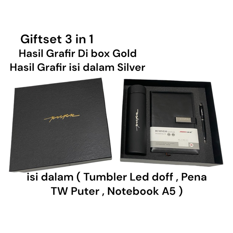 

Souvenir Free Custom Nama / Grafir Laser Logo Perusahaan Giftset 3in1 Isi Tumbler Led doff / Pena Tw / Notebook Agenda A5