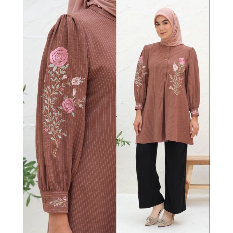 Tunik Salur Bordir Premium Kringkle Linen Import | Tunik Crinkle Linen | Tunik Wanita Premium