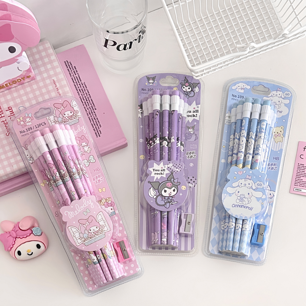 

12pcs Pensil Batang + 1 Pcs Serutan Set Premium HB Motif Sanrio Kuromi / Melody / Cinnamoroll