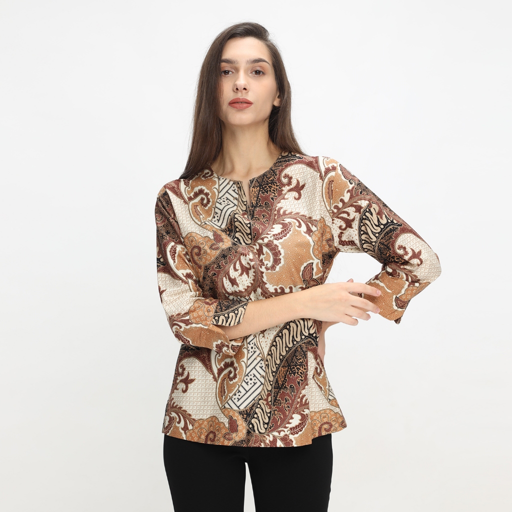 Blouse Batik Wanita Atasan Batik Wanita Lengan Panjang Motif Coklat OLR229