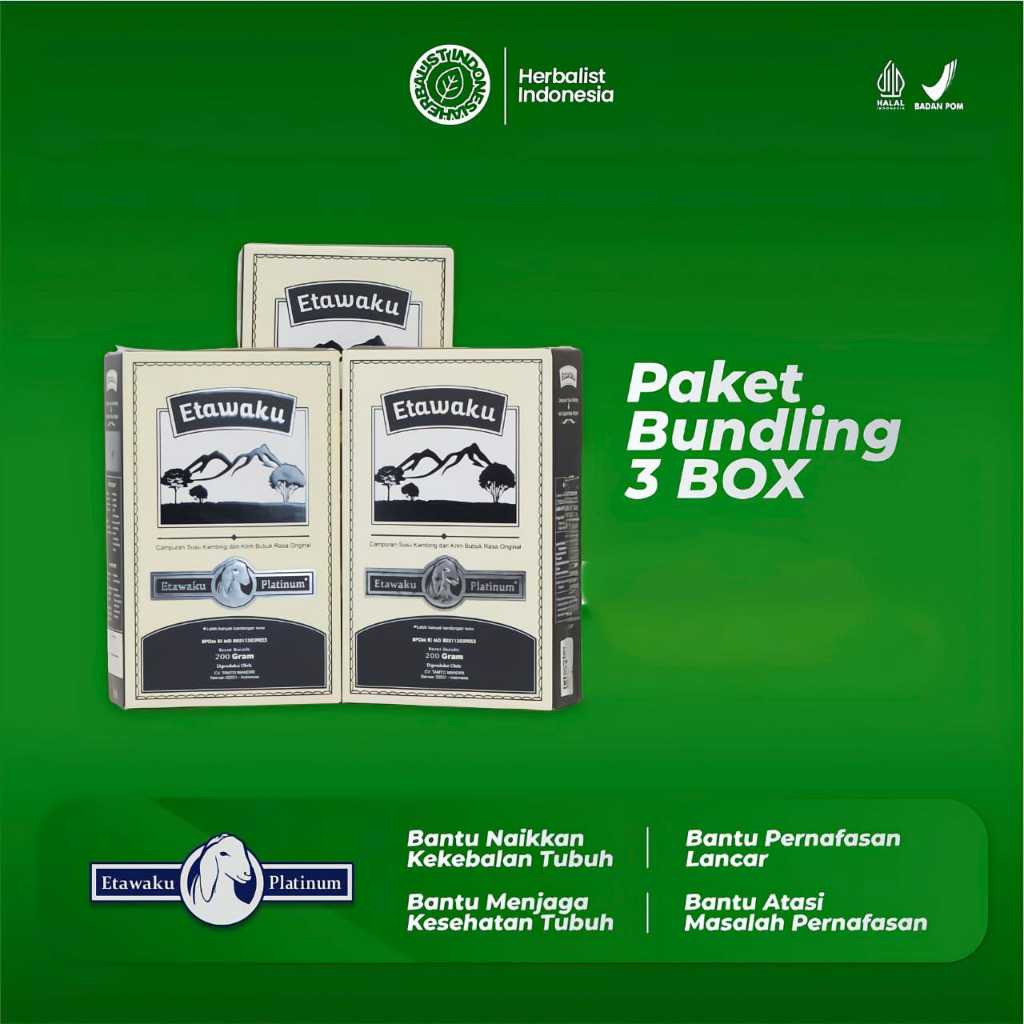 

Etawaku Platinum Paket Sehat 3 Box Original - Susu Etawa Murni Rendah Gula & Krimer Nabati Baik Diabetes Obesitas Atasi Sistem Pernapasan Pernafasan Asma Bronkhitis Sesak Napas Nafas Tingkatkan Kekebalan Tubuh Isi 200gr