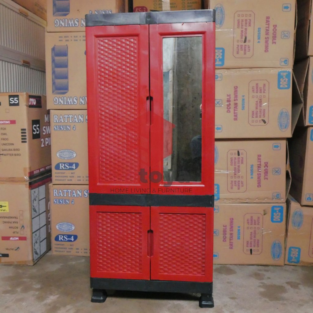 Lemari plastik gantung baju 2 susun motif rotan di lengkapi cermin minimalis modern | Diskon dan COD