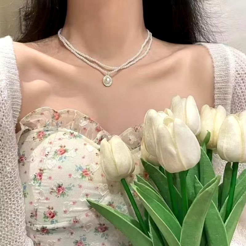 Kalung Titanium Wanita Pearl 2 Layer Fashion Korea Aksesoris Hiasan Leher