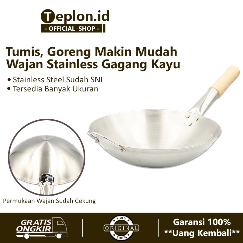 Calypso Wajan Stainless Gagang Kayu | Kuali Cekung Kwali Stenlis | Alat Penggorengan