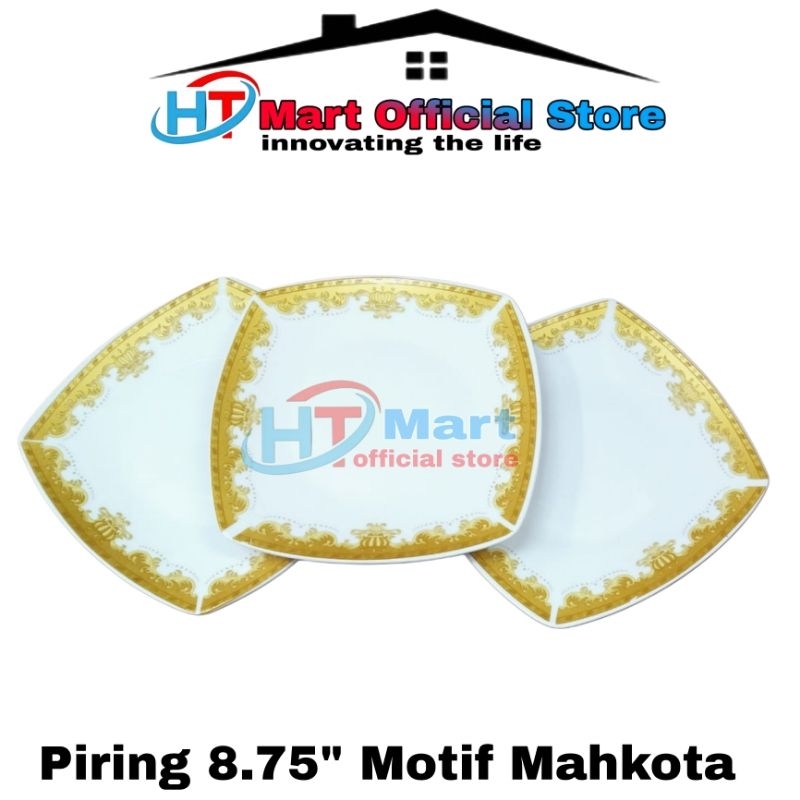 HT mart - Piring kotak motif mahkota piring kue 8.75" piring segi keramik