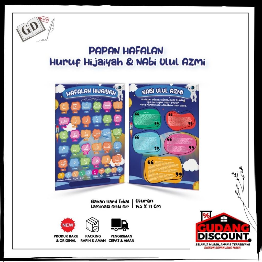 

Papan Hafalan Custom + Nama Huruf Hijaiyah & Ulul Azmi Bahan Hard Tebal Laminasi Anti Air, Depan Belakang (Biru), Table Papan Hafalan