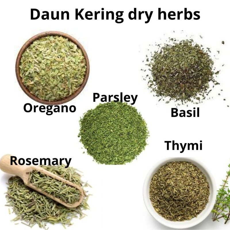 

Dried Herbs Basil Oreganoo Rosemary Italian Seasoning Thyme Leaves Daun Timi parsley 50gr