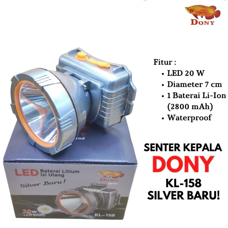 Senter Kepala Led Cas DONY KL-158 20w Original Silver Baru Putih dan Kuning