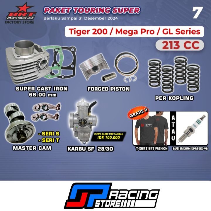 Paket Bore Up Tiger 200/Mega Pro Primus/GL -Blok-Piston-Karbu-Cam-Per Kopling-BRT Paket Touring 7