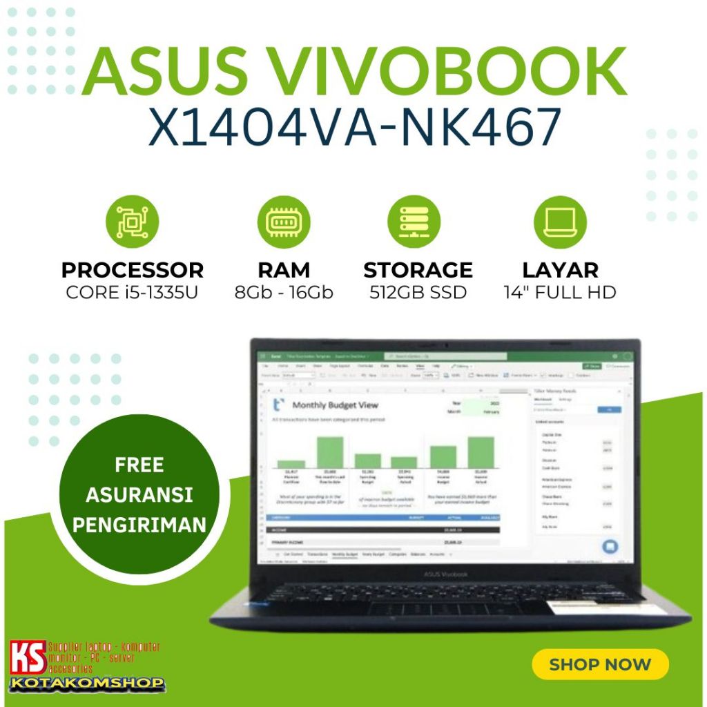 Laptop Asus VivoBook X1404VA-NK467 Core i5-1335U Ram 16Gb Ssd 512Gb 14" Full Hd - Laptop core i5 Mur