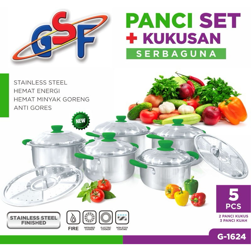 Panci Set Steamer Kukusan GSF - 1624 - Panci Set Stainless - Panci Rebus - Panci Dimsum - Panci Kuwa