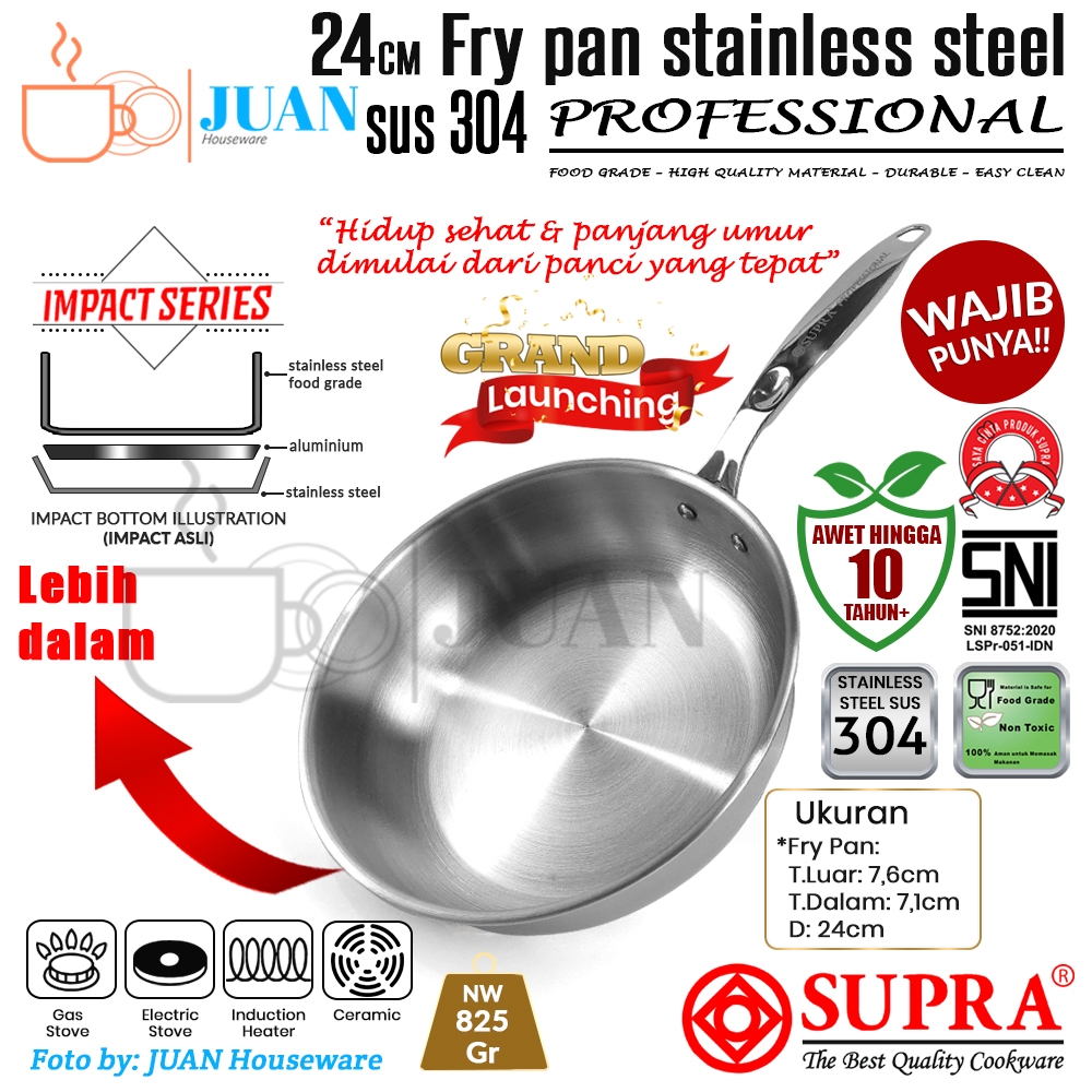 SUPRA Fry pan stainless steel SUS 304 24cm / panci anti karat