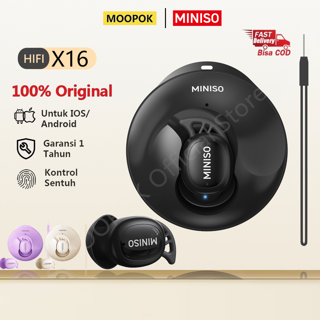 MOOPOK X MINISO X16 TWS Headphone Nirkabel Bluetooth 5.4 Mini Earbud Sleeping Earphone Sport Headset