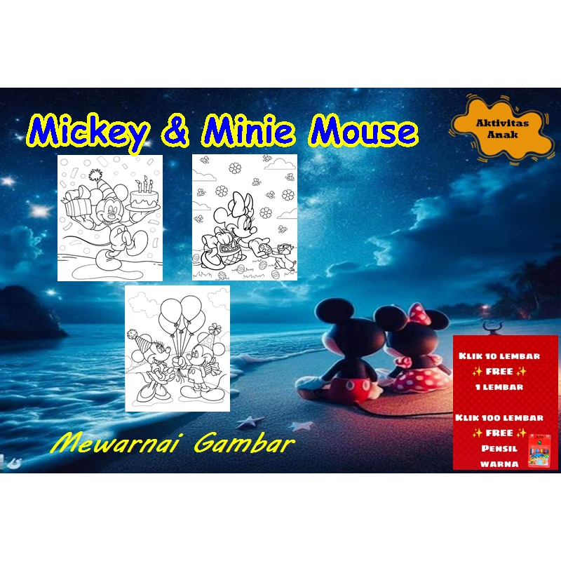KERTAS MEWARNAI COLORING ANAK / BUKU MEWARNAI MICKEY MOUSE MINNIE MOUSE MICKEY MINNIE MOUSE /AKTIVIT