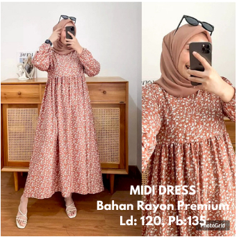 SHIREEN DRESS GAMIS MAXY Midi Dress Rayon  I  Motif Bunga Bahan Rayon Premium Baju Panjang Wanita Mu