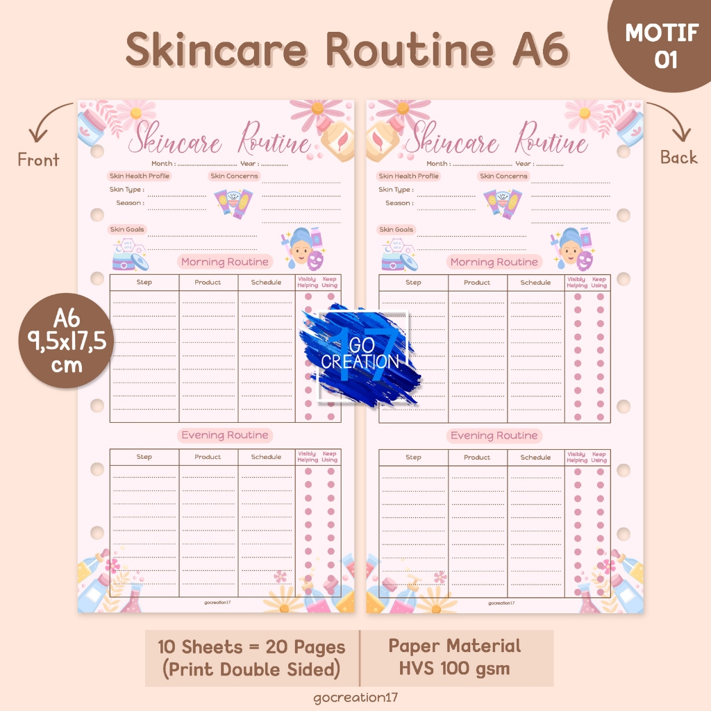 

Buku Planner Refill Kertas Binder Skincare Routine Motif Premium A6