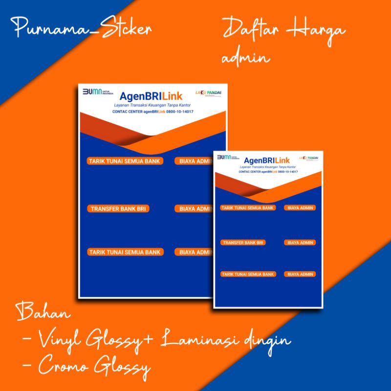 

stiker daftar harga admin transaksi brilink ukuran A4 Bahan art paper custom nama