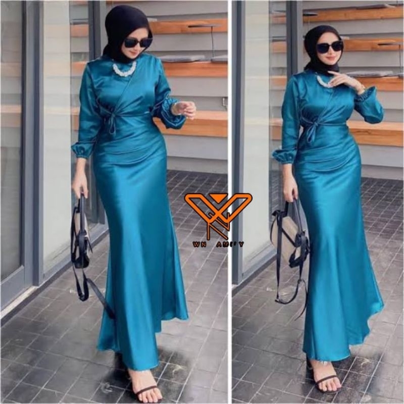 Dyra Dress Satin Silk, Dres Gaun Satin Maxmara, Pesta Bridesmaid Kondangan, Polos Fitbody, Dress Wis
