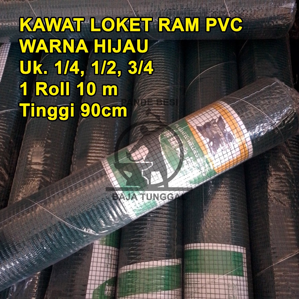 Kawat Ram Loket PVC Hijau Ayakan Kandang 1/4 1/2 3/4 1 Roll Per Roll 10m
