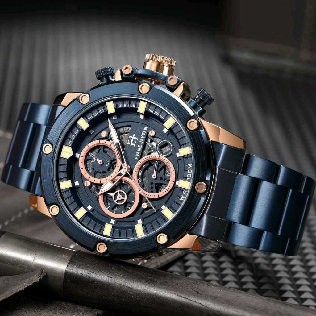 Evans Jayden  9570 Jam Tangan Pria Rantai Stainless Steel Chronograph Kaca Sapphire Water Resistant 