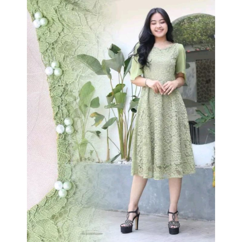 Dress Maira lengan pendek hijau sage size M/dress natal/dress pesta/dress ulang tahun