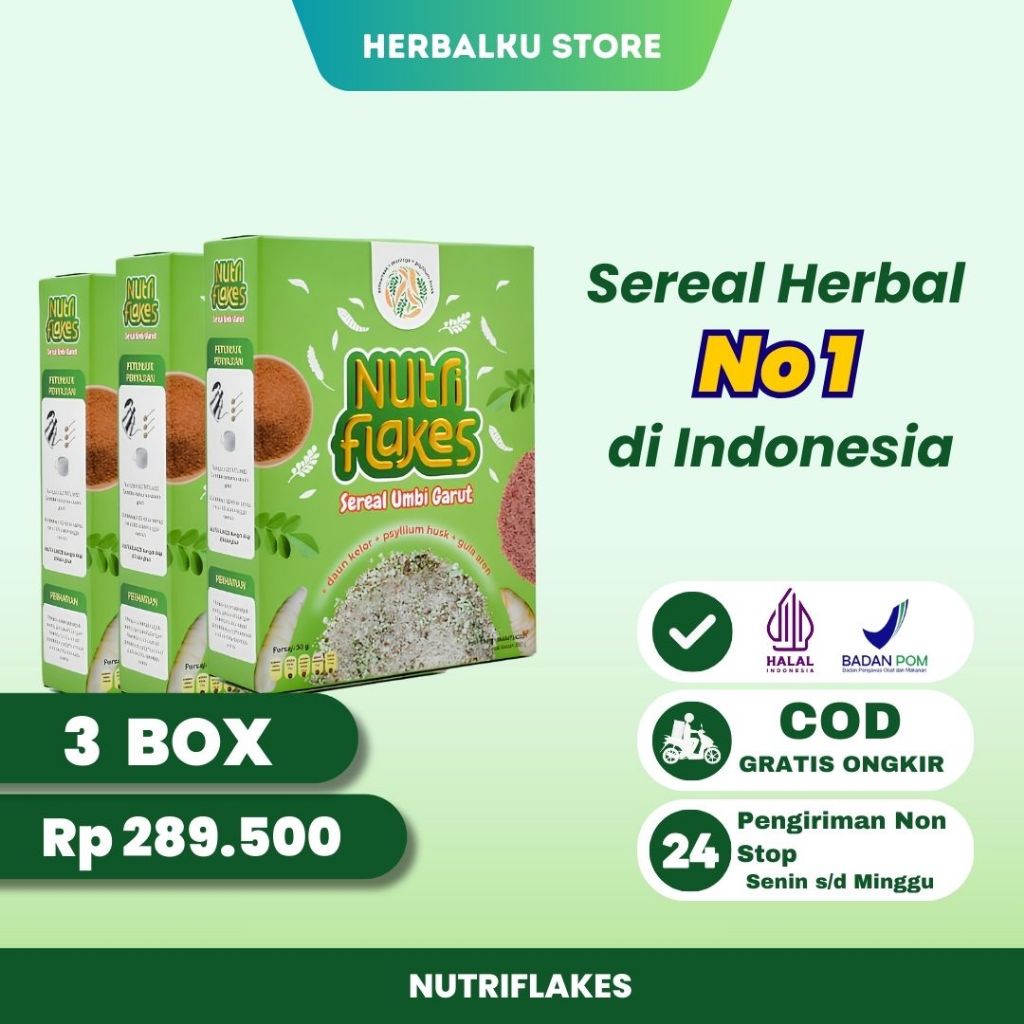 

NUTRIFLAKES PAKET 3 BOX ORIGINAL- NUTRIFLAKES SEREAL UMBI GARUT ATASI ASAM LAMBUNG GERD LIVE COD