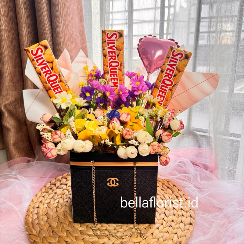 BF - Buket Box Bunga Coklat Silverqueen Balon / Buket Ulangtahun / Buket Valentine / Buket Anniversa
