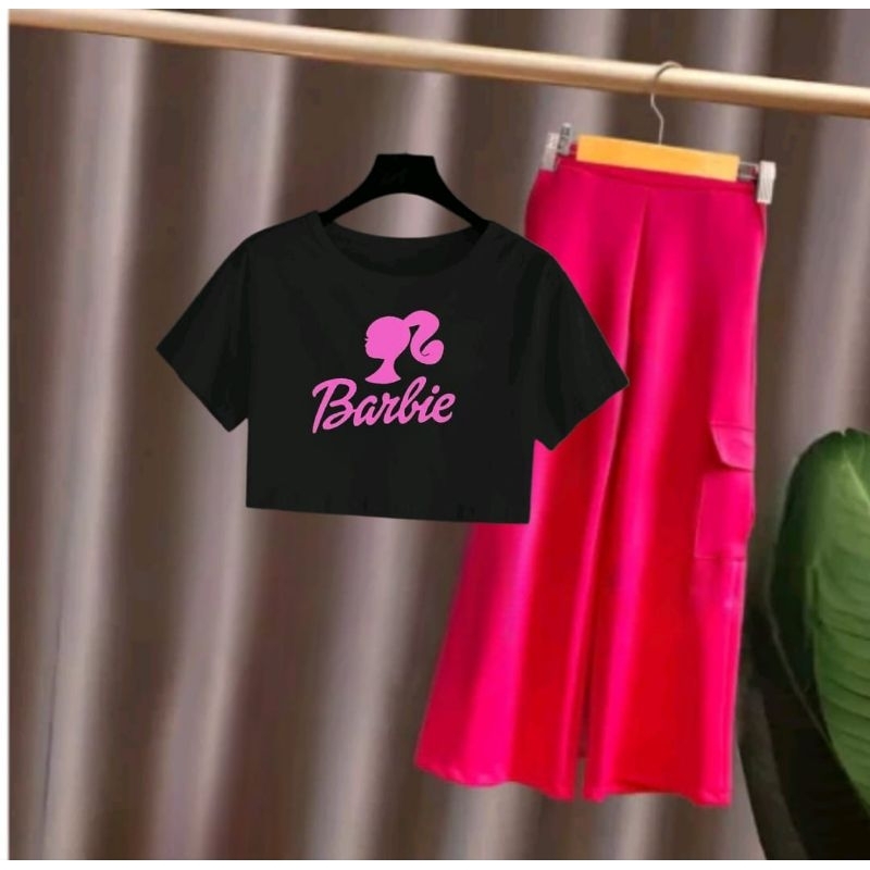 Setelan Anak Perempuan BARBIE GIRL Kaos Crop Top dan Celana Cargo Usia 5-12 Tahun Model kekinian