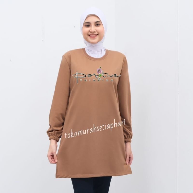 ready stock baju tunik wanita lengan panjang /kaos tunik wanita murah motif positive thinking bahan