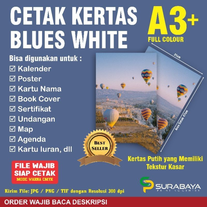 

Cetak Kertas Blues White Full Colour Ukuran A3+ Murah Berkualitas tidak glossy