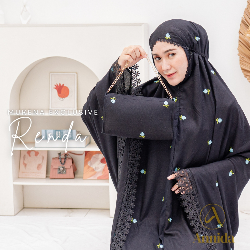 Mukena Dewasa Katun Rayon  Bordir Inara Hitam Renda Mewah Jumbo