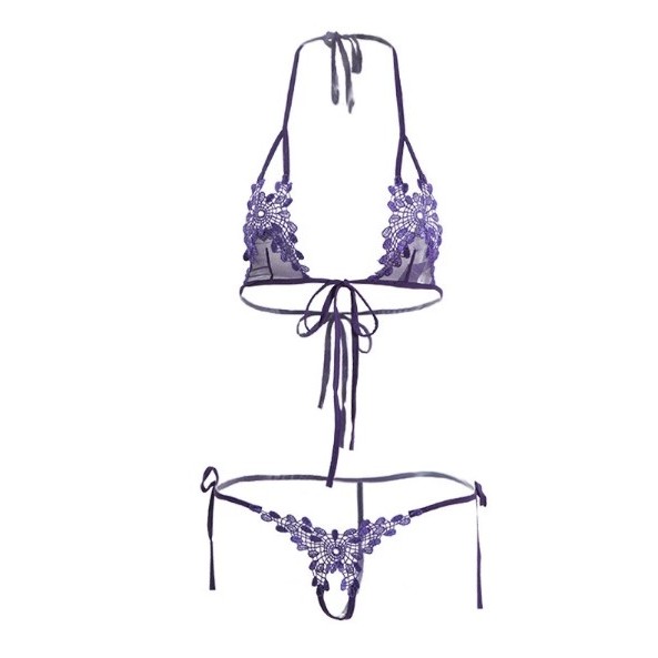 Dezenna Sexy Bra Set Renda Transparan Bikini Open Crotch Low Waist Hot 5B09