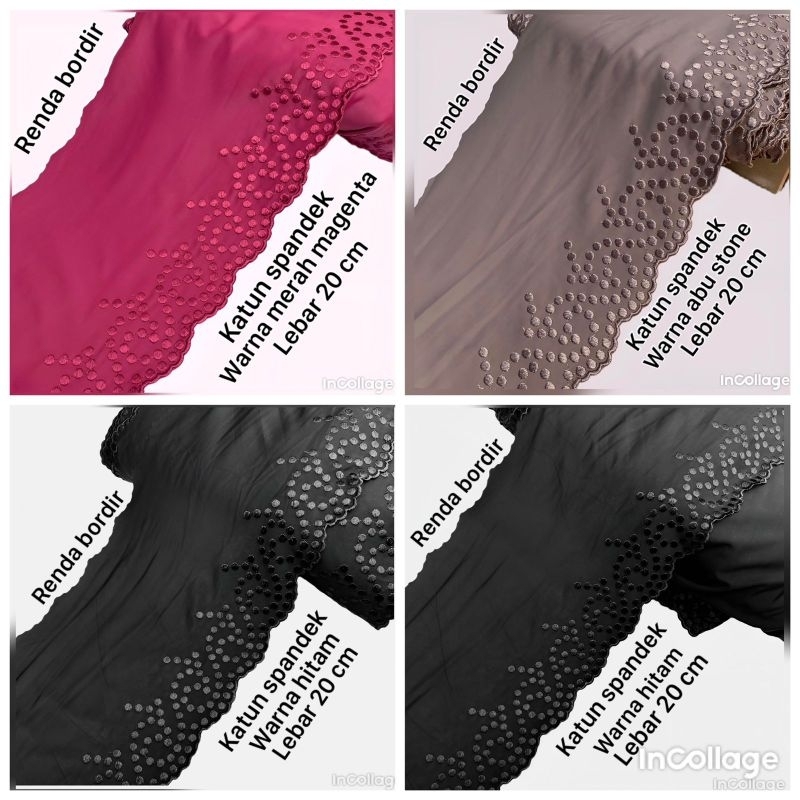 PER METER RENDA KATUN SPANDEX LEBAR 20CM WARNA VARIASI MERAH MAGENTA,HITAM,ABUSTONE.