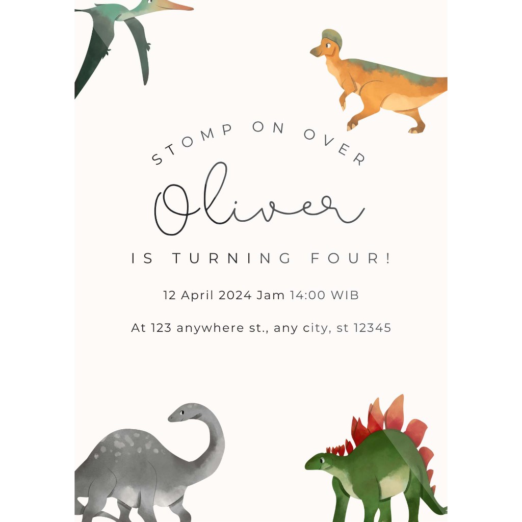 Undangan Ulang Tahun Birthday Invitation Ultah Anak tema dinosaurus B Potrait