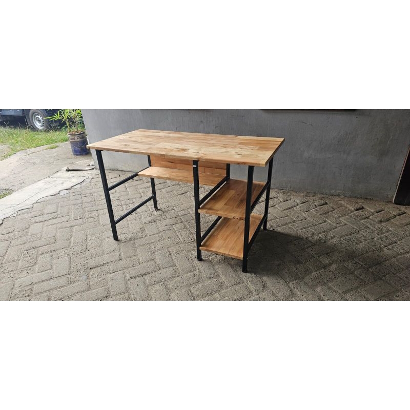 Meja Komputer Kayu - Meja Kerja Kayu Kaki Besi Dan 2 Rak