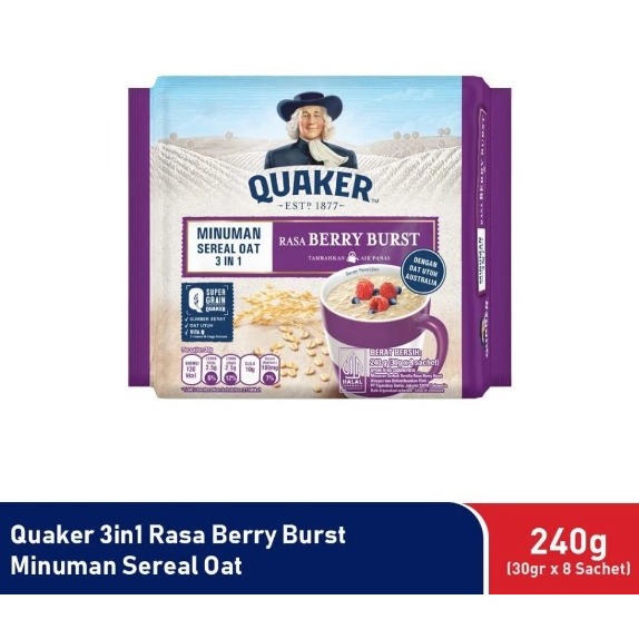 

Quaker 3in1 Chocolate, Vanillan & Berry burst Polybag 224g Minuman Sereal Oats (Isi 8 sachet)