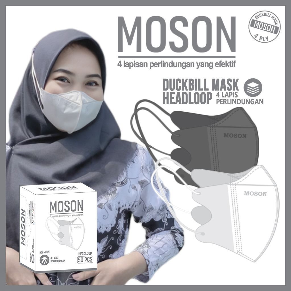 MASKER DUCKBILL HEADLOOP MOSON  ONEBOSS 4PLY 1BOX 50 PCS HITAM PUTIH MURAH PART 2
