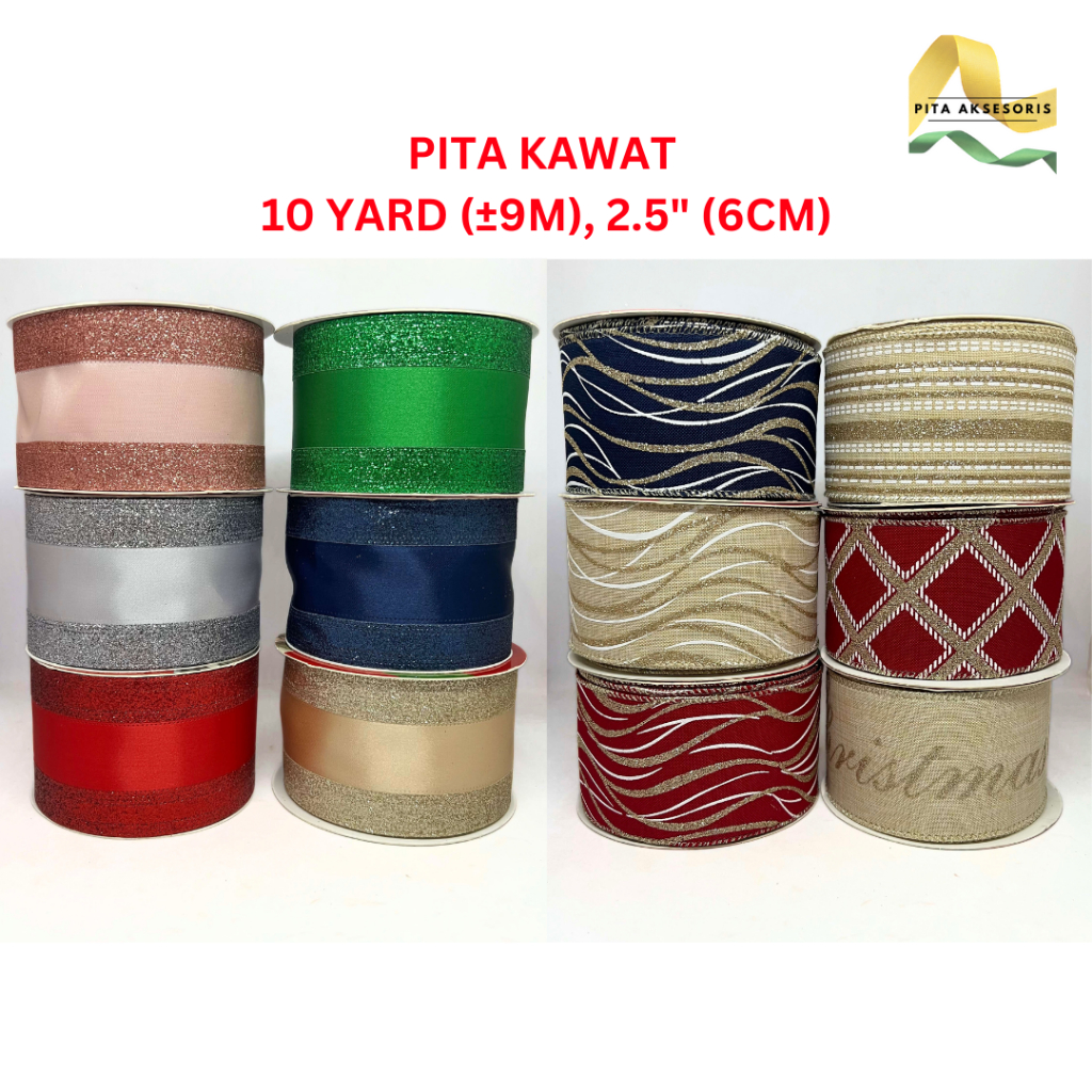 

(1 Roll 10 YARD) Pita Glitter Lebaran Idul Fitri Natal List Kawat ±6cm x 9m Motif Salur Pita Parcel Pinggir Kawat Ornament Pohon Natal Hiasan Xmas Hampers Kue Pita Kado Bouquet Pita Bunga