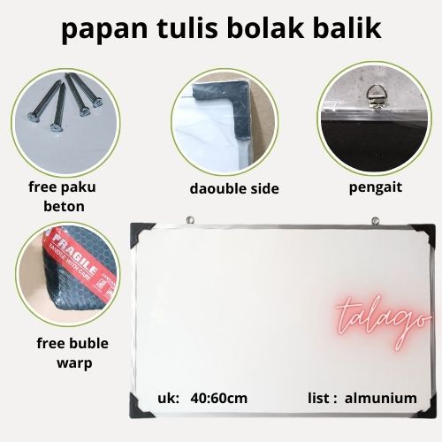 

Whiteboard 40x60 Papan Tulis Anak Putih White Board 2 Sisi free pack bubblewarp+paku buat gantung