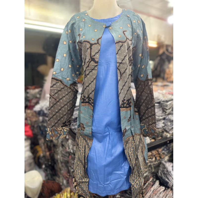 batik tunik sabian kombinasi toyobo,model buka warna biru || size lengkap
