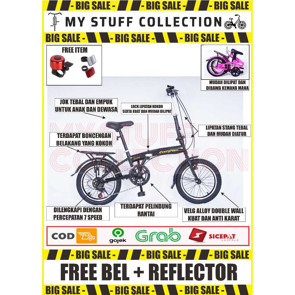SEPEDA LIPAT EVERGREEN UKURAN 16 INCH 7 SPEED VELG ALLOY FRAME TEBAL