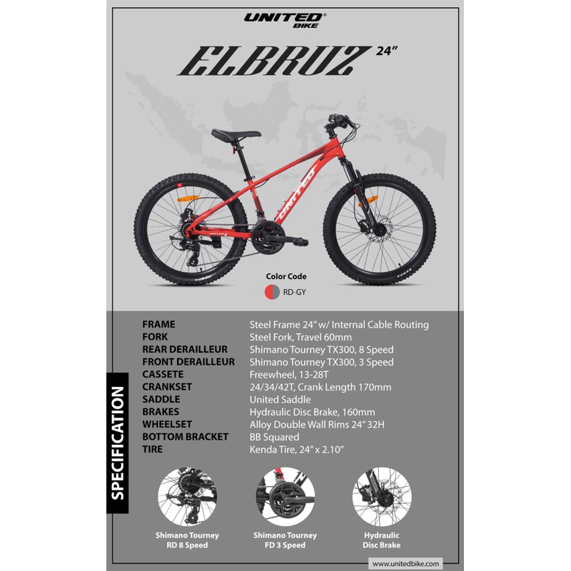 SEPEDA GUNUNG MTB UNITED ELBRUZ 24 inch REM HIDROLIK 24 SPEED